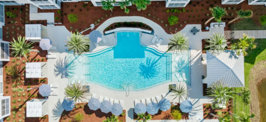 arial shot of a pool